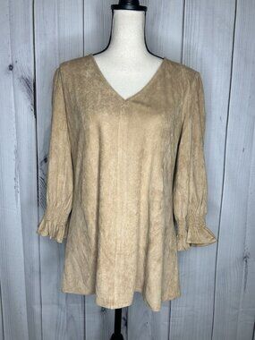 Aryeh Tunic Top Faux Suede Tan Camel V-Neck Smocked Ruffle Cuff Sz L Boho Chic